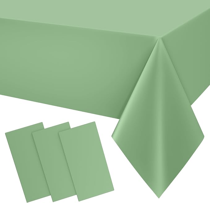 Smiry Disposable Table Cloth 3 Pack, 54 x 132 Inch Waterproof Plastic Tablecloth, Decorative Rectangle Table Covers for Party, Birthday, Picnic, Sage Green