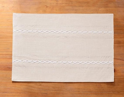 Wracra Cotton Linen Place Mats, Ivory Embroidered Placemats Set of 6 | Placemats 12 x 18 Inch; Cotton Linen Woven Fabric; Heat Resistant Table Mats; Raised Embroidered Hollow Design