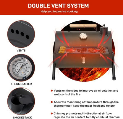 Portable Charcoal Grill, Compact Tabletop BBQ Smoker with Built-in Thermometer and Wooden Carry Handle, Lightweight Small Barbecue for Outdoor Camping, Picnic, Patio, Black