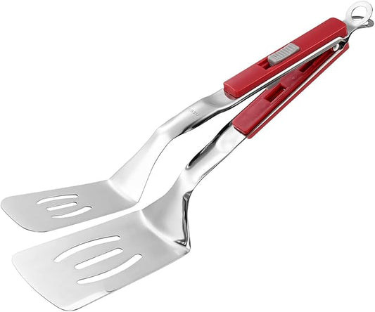 M METERXITY Spatula Tongs, 11.4 Inch 304 Stainless Steel Anti-Scald Multifunctional Flipper Grill Clamp for Cooking/Barbecue, Kitchen Cooking Tongs [Red Handle, Silver Tone]