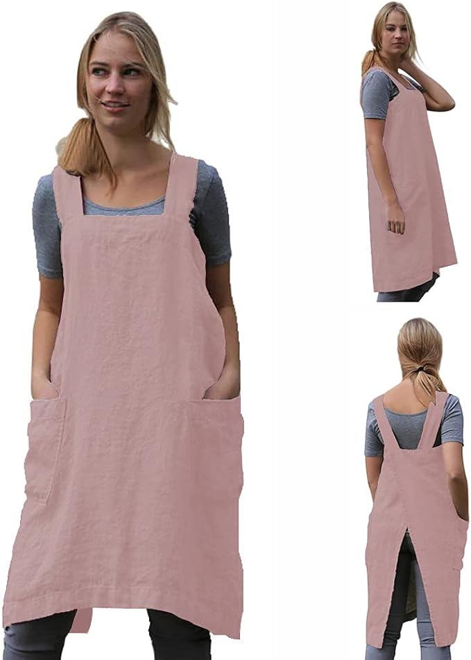 TBA Cotton Linen Apron Cross Back Apron for Women with Big Pockets Square Pinafore Dress for Baking Cooking BBQ & Grill