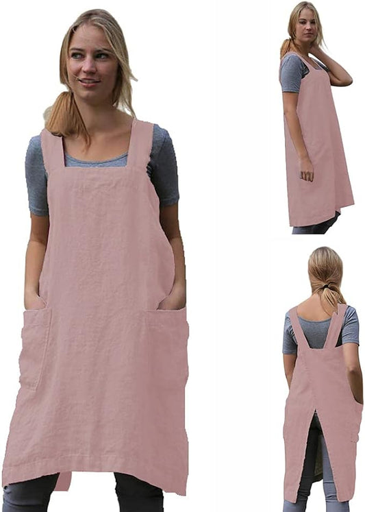 TBA Cotton Linen Apron Cross Back Apron for Women with Big Pockets Square Pinafore Dress for Baking Cooking BBQ & Grill