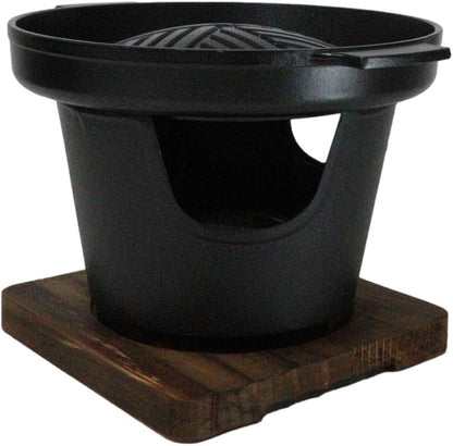 Ebros Gift Japanese Cuisine Portable Tabletop BBQ Yakiniku Grill Aluminum Cooking Stove With Comal Griddle And Wooden Trivet Base For Yakitori Hibachi Robata Personal Sized