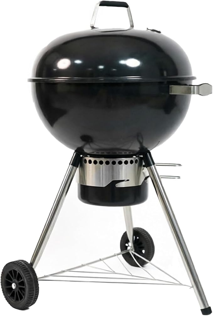22 Inch Grill with Thermometer, Portable Charcoal BBQ for Outdoor Backyard, Steel Construction with Wheels & Ash Collector, Classic Black