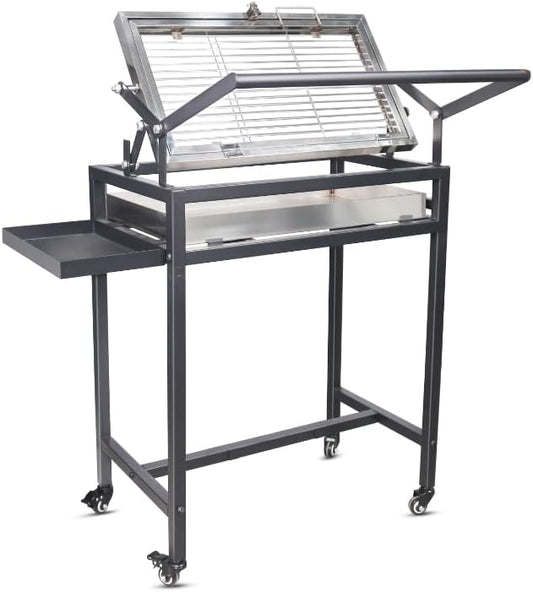 Floor-Standing Rotisserie Grill - 360 Rotating Stainless Steel Flipping Barbecue with Foldable for Outdoor Camping Backyard Includes Wheels Removable Ash Drawer (KA-6168L)