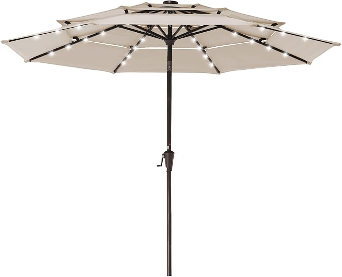 JEAREY 9 ft 3-Tier Outdoor LED Lighted Patio Umbrella w/Crank, Beige | Solar Market Table Umbrella with 8 Sturdy Ribs, UV Protection Waterproof Sunproof for Garden, Deck and Backyard
