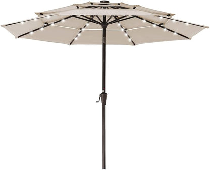 JEAREY 9 ft 3-Tier Outdoor LED Lighted Patio Umbrella w/Crank, Beige | Solar Market Table Umbrella with 8 Sturdy Ribs, UV Protection Waterproof Sunproof for Garden, Deck and Backyard