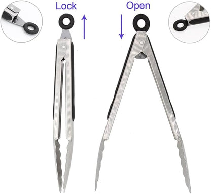 304 Stainless Steel Kitchen Cooking Tongs, 9" and 12" Set of 2 Sturdy Grilling Barbeque Brushed Locking Food Tongs with Ergonomic Grip, Black (Pack of 2)