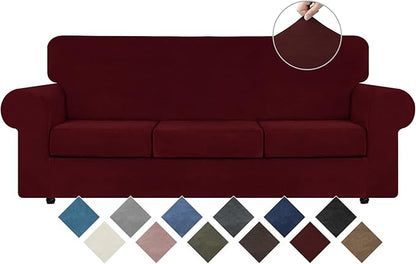 WEERRW 4 Pieces Couch Cover for Sofa Velvet Sofa Covers Washable, Burgundy | Sofa Covers for 3 Cushion Couch Furniture Protector Sofa Slipcovers with Non Slip Elastic Bottom, Pet Friendly, Large