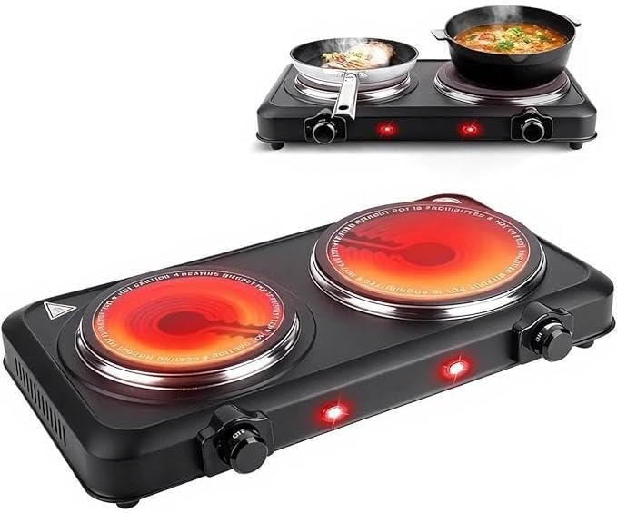 1800W Portable Dual Burner Heating Stove, Countertop RV Stove with 7.5" & 6.3" Glass Cooktop, Stepless Temperature Adjustment