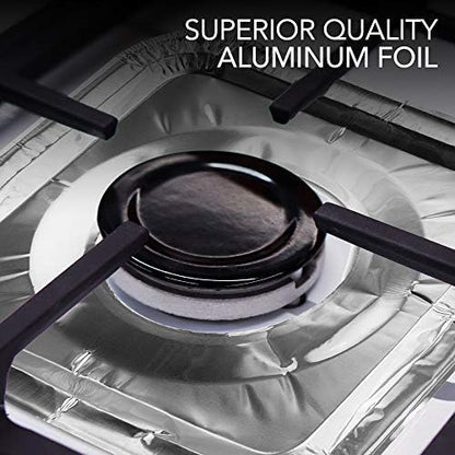 Disposable Gas Burner Liners (50 Pack) Aluminum Foil Square Gas Stove Burner Covers - 8.5 Inch Gas Range Protector, Stove Top Covers for Gas Burners, Foil Liners to Catch Oil, Grease, and Food Spills