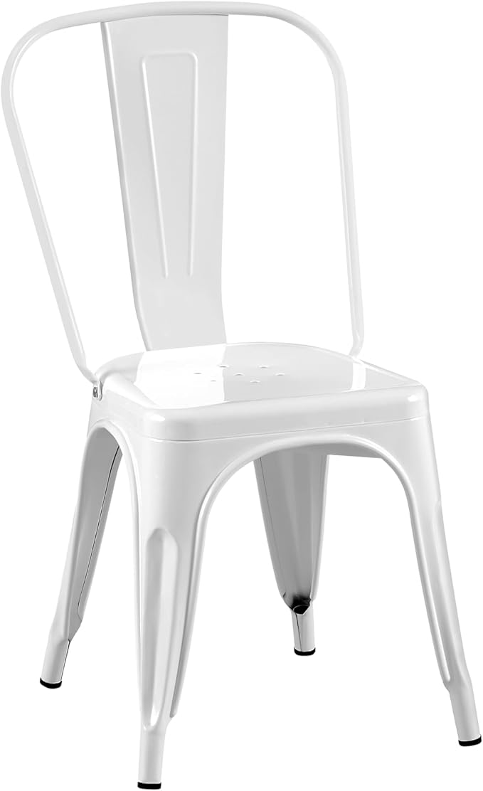 AC Pacific Stackable Metal Dining Chairs Set of 2 for Indoor and Outdoor Use, Durable Stacking Seat, Farmhouse Kitchen, Bar, Patio, Bistro, Cafe, Industrial Style, 2pcs, High Gloss White