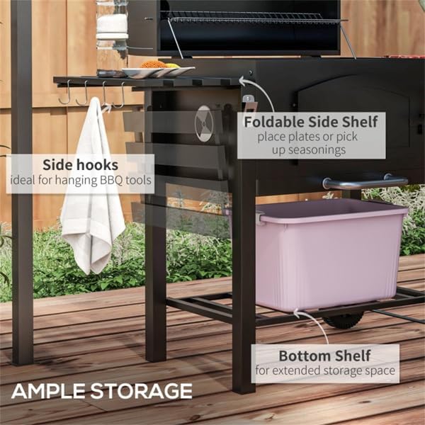 Adjustable Portable Charcoal BBQ Grill with Side Tables, Chimney Vent, and Ash Catcher – Outdoor Steel Barbecue Grill with Wheels, Bottle Opener & Temperature Gauge