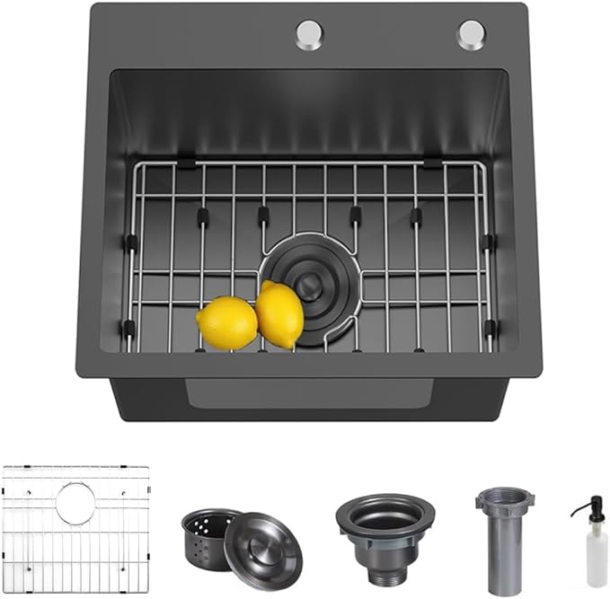 18 x 19 Inch Modern Drop In Kitchen Bar Sink, 304 Stainless Steel Black Single Bowl Topmount Sink, Nano Laundry RV Deep Workstation Sinks with Drain Strainer & Grid