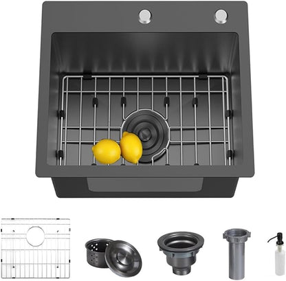 18 x 19 Inch Modern Drop In Kitchen Bar Sink, 304 Stainless Steel Black Single Bowl Topmount Sink, Nano Laundry RV Deep Workstation Sinks with Drain Strainer & Grid