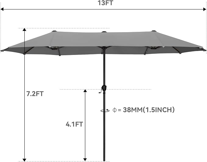GREEN PARTY 13 ft Outdoor Patio Umbrella, Large Rectangular Table Umbrellas | Double-Sided, UV & Fade Resistant Canopy for Deck Poolside Garden Backyard, Market Umbrella with Crank & 1.5" Pole, Grey