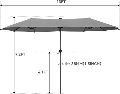 GREEN PARTY 13 ft Outdoor Patio Umbrella, Large Rectangular Table Umbrellas | Double-Sided, UV & Fade Resistant Canopy for Deck Poolside Garden Backyard, Market Umbrella with Crank & 1.5" Pole, Grey