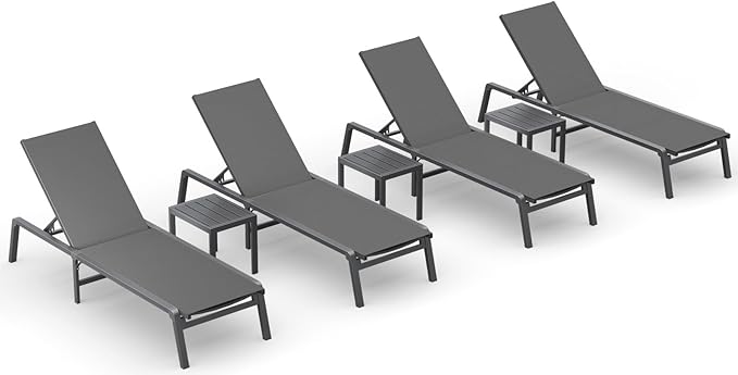 Ciokea Aluminum Foldable Lounge Chairs Set of 4 with 3 Outdoor Aluminum Side Table, Perfect Match, Suitable for Courtyard, Balcony, Lawn and Other Scenes, Grey