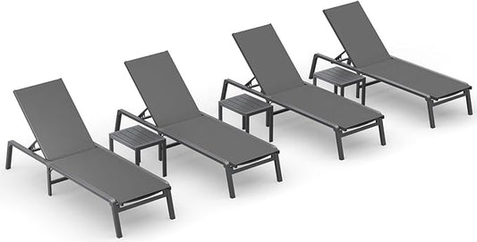 Ciokea Aluminum Foldable Lounge Chairs Set of 4 with 3 Outdoor Aluminum Side Table, Perfect Match, Suitable for Courtyard, Balcony, Lawn and Other Scenes, Grey