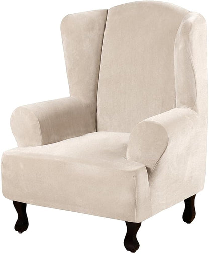H.VERSAILTEX Wingback Chair Covers Polyester Spandex Plush Wing Chair Slipcover 1 Piece High Stretch Wing Back Chair Slipcovers Sofa Cover Furniture Cover with Elastic Bottom, Cream