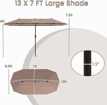 Tangkula 13 FT Large Patio Umbrella, Outdoor Double-Sided Table Market Umbrella w/Crank Handle, 12 Heavy-Duty Ribs, Sun-Protective Rectangular Twin Parasol for Garden Deck Lawn Poolside (Tan)