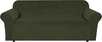 H.VERSAILTEX Stretch Velvet Sofa Covers for 3 Cushion Couch Covers Furniture Protector Soft with Non Slip Elastic Bottom, Crafted from Thick Comfy Rich Velour (Large Sofa 90"-97", Olive)