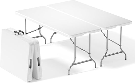 Sweetcrispy 6 FT Folding Picnic Table 2 Pack, Easy to Fold and Store, Foldable Table for Camping Picnic Dining Party Kitchen Outdoor Indoor with Carrying Handle