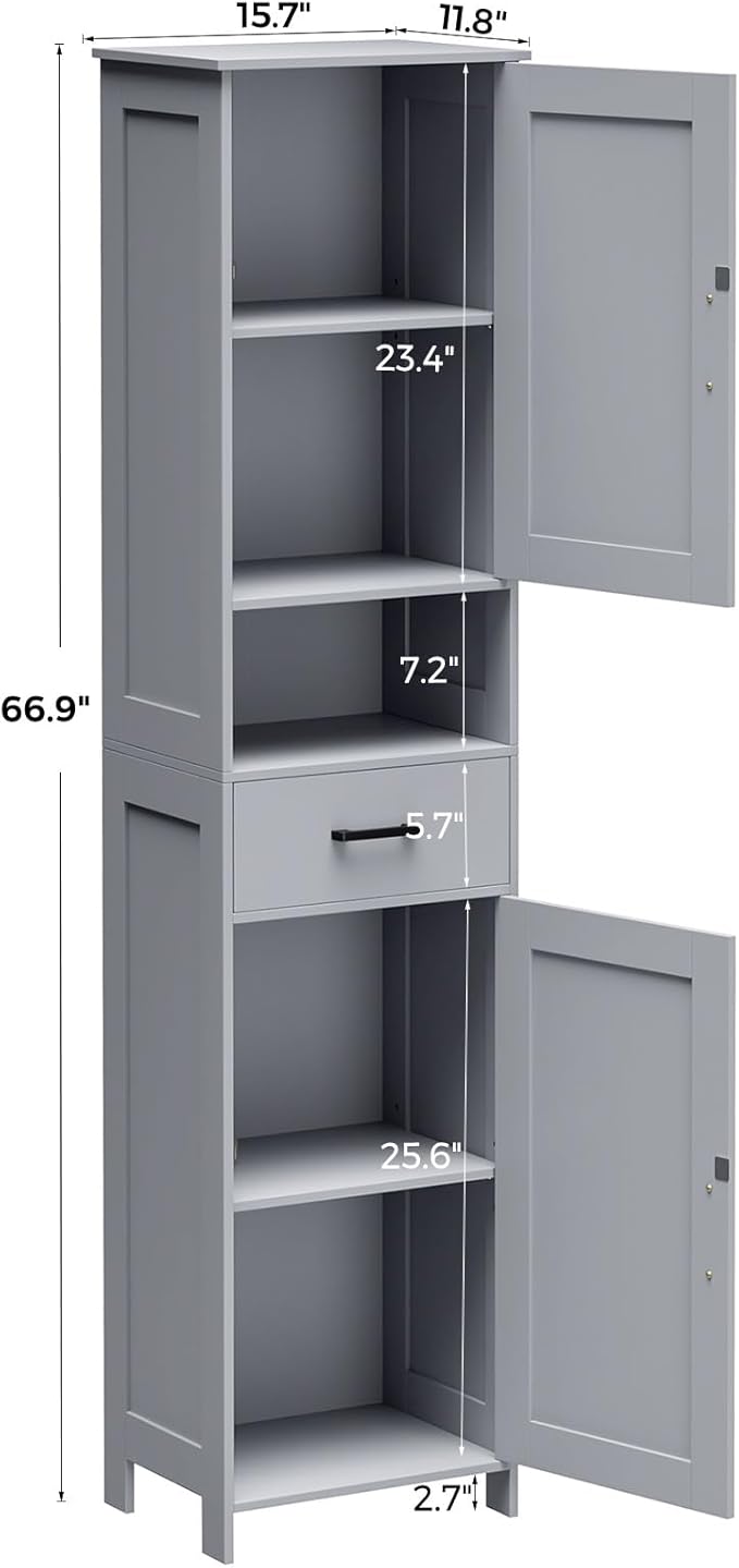 Homhedy 67" H Tall Bathroom Storage Cabinet with Barn Doors and Drawer | Narrow Storage Unit with Adjustable Shelves, Floor Cabinet for Bathroom, Living Room, Entryway or Kitchen, Gray, 15.7" W