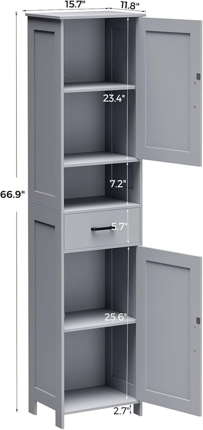 Homhedy 67" H Tall Bathroom Storage Cabinet with Barn Doors and Drawer | Narrow Storage Unit with Adjustable Shelves, Floor Cabinet for Bathroom, Living Room, Entryway or Kitchen, Gray, 15.7" W