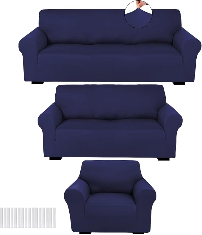 Peryiter 3 Pcs Couch and Loveseat Sofa Covers,Navy Blue,Milk Silk | Armchair Covers for Living Room, Sofa Cushion Slipcover, Furniture Protector, Polyester and Spandex, Washable
