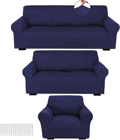 Peryiter 3 Pcs Couch and Loveseat Sofa Covers,Navy Blue,Milk Silk | Armchair Covers for Living Room, Sofa Cushion Slipcover, Furniture Protector, Polyester and Spandex, Washable