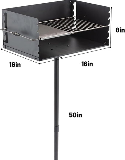 Park Style Charcoal Grill, 16"x16"x8" Heavy Duty Outdoor Park Grill with Cooking Grate, Backyard Camping BBQ Grilling