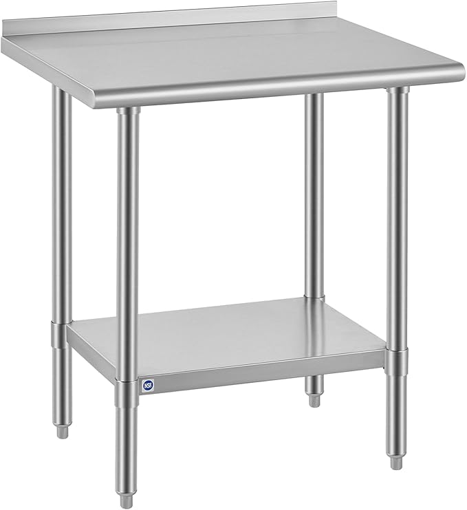 ROCKPOINT SS304 Top All Stainless Steel Table for Prep & Work with Backsplash 24x30 Inches, NSF Commercial Kitchen Heavy Duty Table with Adjustable Undershelf for Restaurant,Kitchen, Home and Hotel