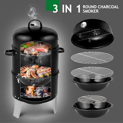 Portable Charcoal Grill - Heavy-Duty Outdoor BBQ with Thermometer & Dual Doors, Perfect for Camping, Beach, Garden, Patio & Backyard - 47x41.5x82cm, Black