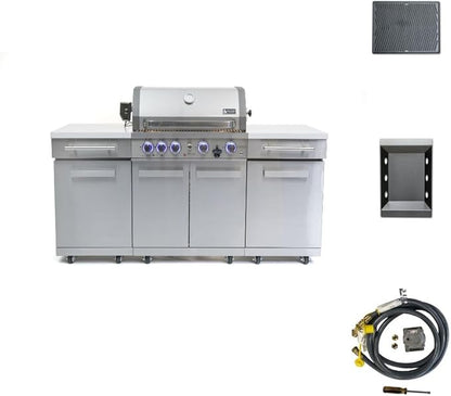 Mont Alpi Premium 70"W x 24"D x 46"H Stainless Steel Outdoor Kitchen Island with 32"W 4-Burner BBQ Grill plus Accessory Bundle - Natural Gas Conversion Kit + Dual Sided Griddle Plate + Charcoal Tray