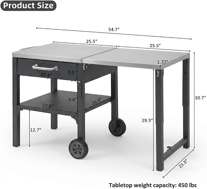 55” Outdoor Grill Table with Storage Cabinet & Folding, Metal | Stainless Steel Top Grill Cart for Kitchen with Wheels & Hooks, Kitchen Island Prep Table/Pizza Oven Table for BBQ Backyard