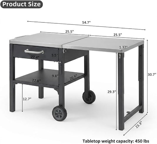 55” Outdoor Grill Table with Storage Cabinet & Folding, Metal | Stainless Steel Top Grill Cart for Kitchen with Wheels & Hooks, Kitchen Island Prep Table/Pizza Oven Table for BBQ Backyard