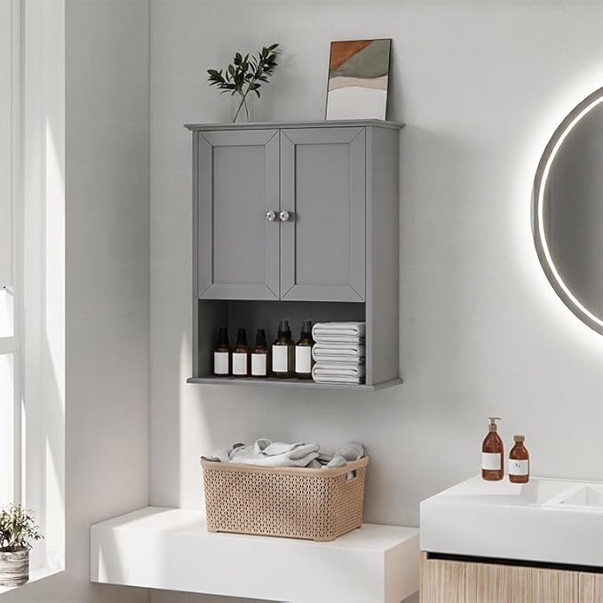 Medicine Cabinet, Over The Toilet Storage Cabinet, 24x30 Inch Wall Mount Bathroom Storage Cabinet with 2 Doors & Adjustable Shelf, Wooden Bathroom Wall Cabinet, Grey