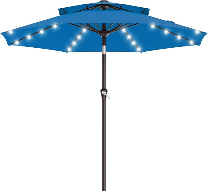 AreShark 9ft 2 Tiers Patio Umbrella with Solar Lights, Outdoor Umbrella w/ 32 LED Lights&8 Sturdy Ribs, Table Umbrella for Deck, Backyard, Pool(Royal Blue)