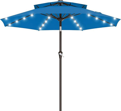 AreShark 9ft 2 Tiers Patio Umbrella with Solar Lights, Outdoor Umbrella w/ 32 LED Lights&8 Sturdy Ribs, Table Umbrella for Deck, Backyard, Pool(Royal Blue)