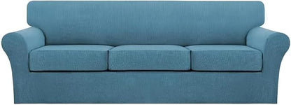Turquoize 4 Piece Sofa Covers for 3 Cushion Couch Sofa Slipcover Soft Couch Cover for Dogs Washable Furniture Cover with 3 Individual Large Cushion Covers Feature Fabric (Large Sofa, Storm Blue)