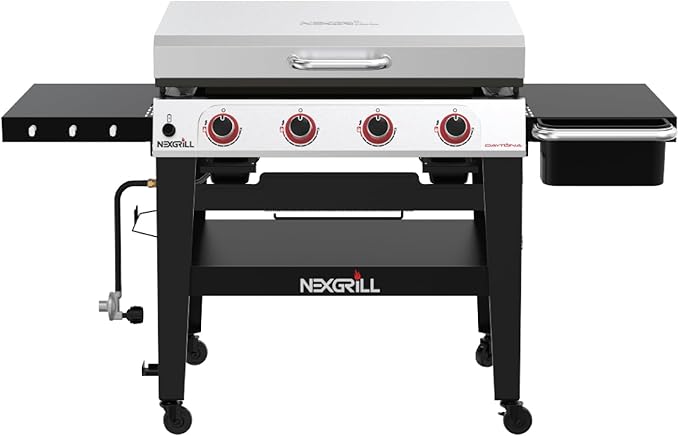 Nexgrill Daytona 4-Burner Propane Gas Griddle with Side Tables, 60000 BTU Flat Top Grill, 756 SQ In. Hot-Rolled Steel Cooking Space, Outdoor Cooking Barbeque, Black with Stainless Steel Lid - 720-1058