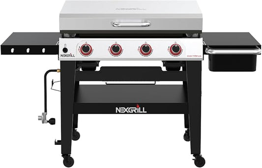 Nexgrill Daytona 4-Burner Propane Gas Griddle with Side Tables, 60000 BTU Flat Top Grill, 756 SQ In. Hot-Rolled Steel Cooking Space, Outdoor Cooking Barbeque, Black with Stainless Steel Lid - 720-1058