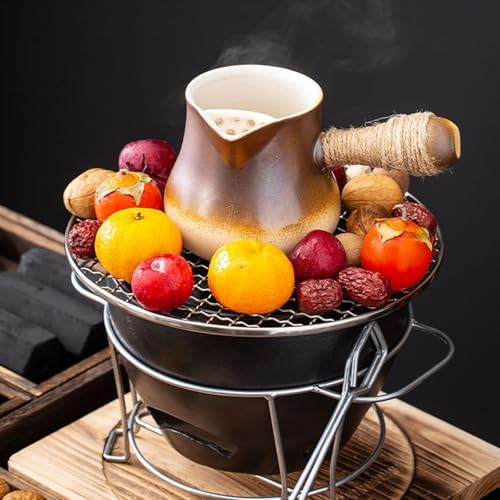 1Set Clay Charcoal Stove, Indoor Pottery Barbecue Stove, Tabletop Pottery Fire Stove, with a Wooden Pads and Grill, Metal Mesh, for Cooking Tea Stove(Brown)
