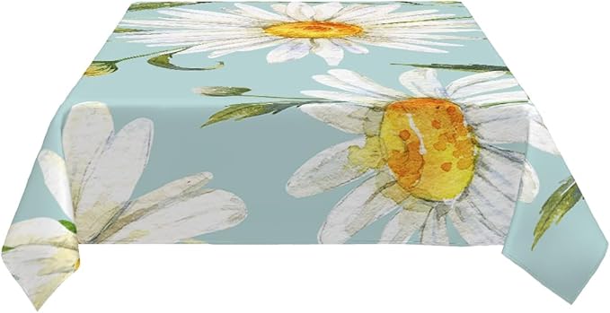 Decorative Rectangle Table Cloths Watercolor Floral Daisy White Chamomile Plant Green Tablecloth Table Cover for Dining/BBQ/Picnic/Coffee Table 52 X 70 Inches