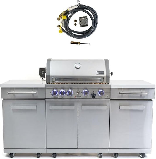 Mont Alpi Premium 70"W x 24"D x 46"H Stainless Steel Outdoor Kitchen Island + 32"W 4-Burner BBQ Grill with Infrared Burner + Storage Cabinets + White Granite Countertops + Natural Gas Conversion Kit