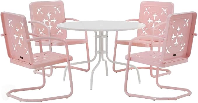 Crosley Furniture Azalea 5-Piece Vintage Outdoor Dining Set for 4, Retro Metal Round Patio Table and Chairs, Pastel Pink Gloss/White Satin