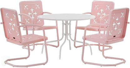 Crosley Furniture Azalea 5-Piece Vintage Outdoor Dining Set for 4, Retro Metal Round Patio Table and Chairs, Pastel Pink Gloss/White Satin