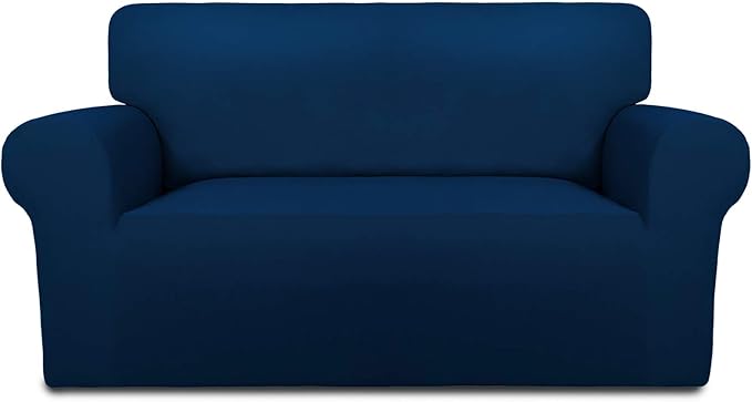 PureFit Stretch Loveseat Covers Fleece Couch Covers for Sofa Navy | 1-Piece Sofa Slipcover Soft Couch Protector, Sofa Cover Washable with Non Skid Foam and Elastic Bottom for Kids, Dogs
