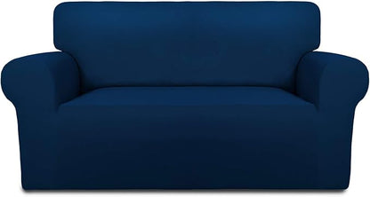 PureFit Stretch Loveseat Covers Fleece Couch Covers for Sofa Navy | 1-Piece Sofa Slipcover Soft Couch Protector, Sofa Cover Washable with Non Skid Foam and Elastic Bottom for Kids, Dogs